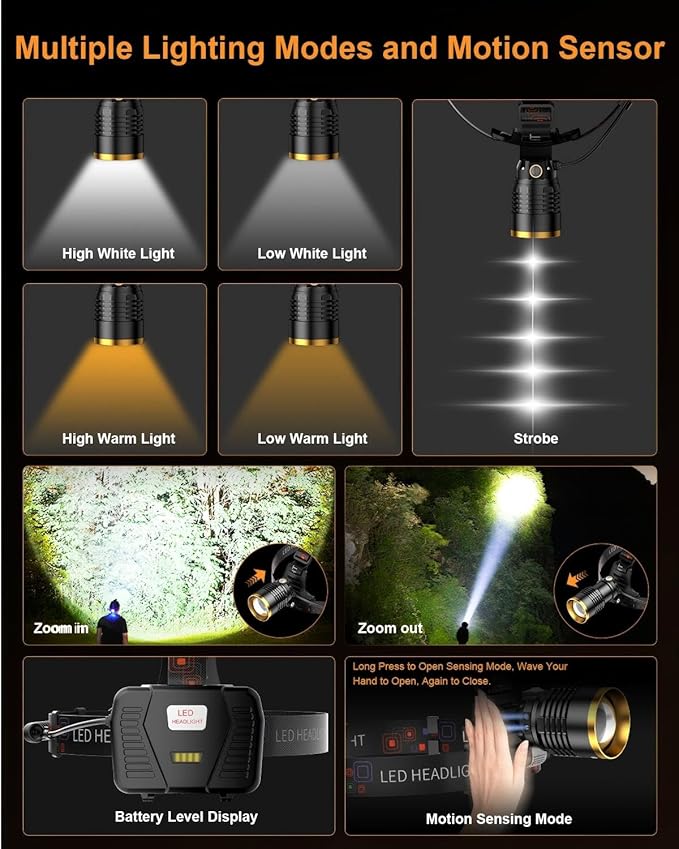 SKYFIRE Headlamp Rechargeable 3000 High Lumens, 13 Mode LED 7500mAh Head Light with Motion Sensor, Zoomable 90° Adjustable Waterproof Head Light for Adults, Camping, Hiking, Fishing, Running, Cycling