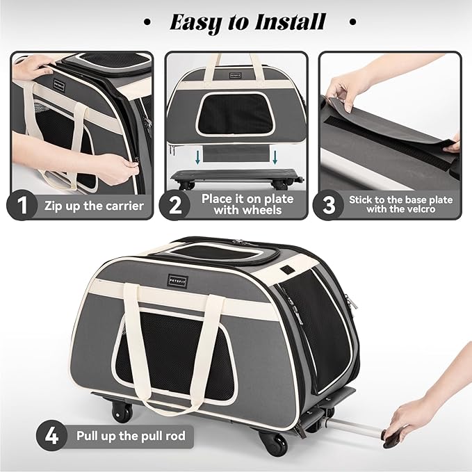 PETSFIT Large Pet Carrier with Wheels Designed for 2 Small Dogs/Multiple Kittens/Medium Dogs with Adjustable Safety Rope & Waterproof Bottom(?‘µ?’�?’• ?’‚?’Š?’“?’�?’Š?’�?’† ?’‚?’‘?’‘?’“?’�?’—?’†?’…)