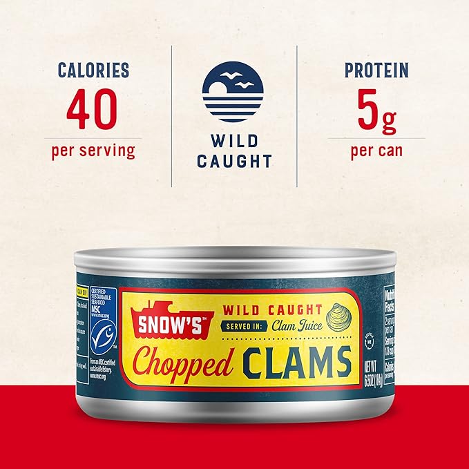 Snow's Wild Caught Chopped Clams Canned, 6.5 oz Can (Pack of 12) - 5g Protein Per Serving - Gluten Free, Keto Friendly, 99% Fat Free
