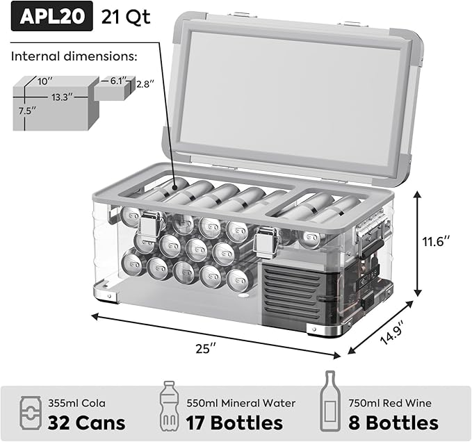 ICECO APL20 12 Volt Refrigerator, 21 Qts Aluminum Portable Freezer, Electric Cooler with SECOP Nano Compressor, Single Zone Car Fridge for Travel, Camping, -4℉~68℉, Powered by AC/DC or Solar