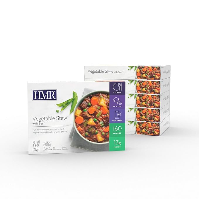 HMR Entrees Meals 6-Pack Vegetable Stew with Beef | Low Calorie Microwave Meals for Weight Loss | Ready to Eat Dinner | Premade Shelf-Stable Ready in 60 Seconds