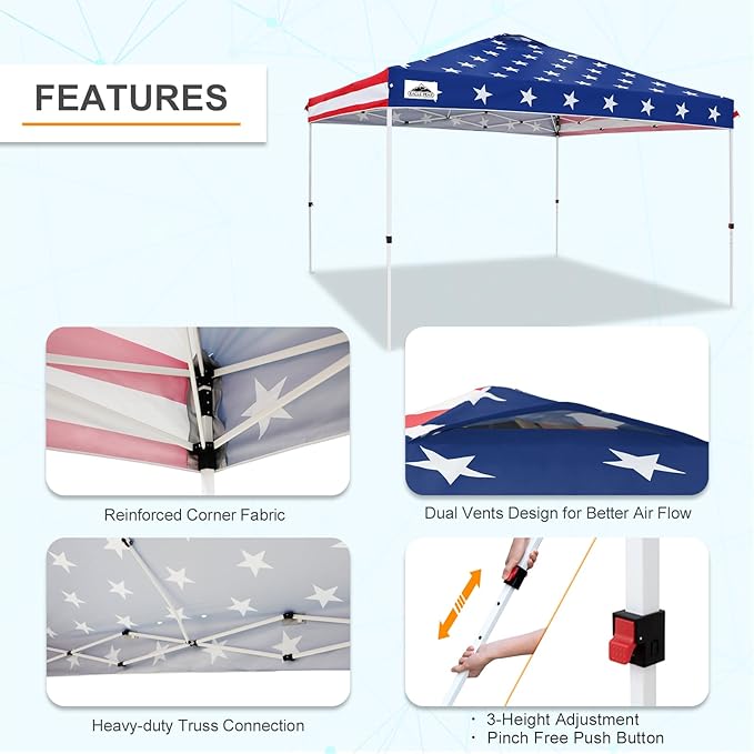 EAGLE PEAK Pop Up Canopy Tent with Wheeled Carry Bag, 8 Stakes, 4 Ropes, 4 Weight Bags, Easy Set Up Tent Canopy, 12x12 ft, 144sqft of Shade, American Flag