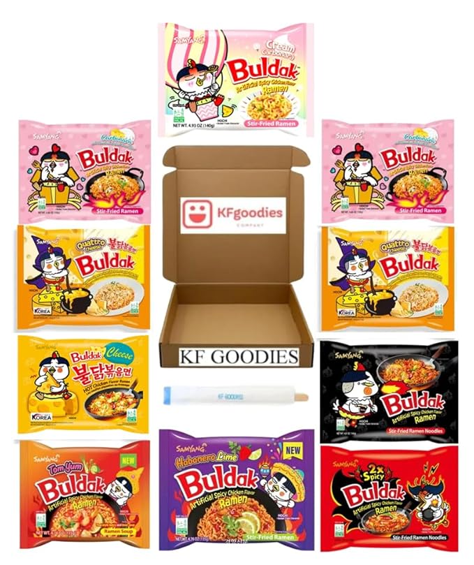 KF GOODIES Korean Ramen Variety Pack Gift Box (10 Count) ??Spicy Buldak Noodle Assortment for Birthdays, College Care Packages, Office Snacks, and Gift Baskets