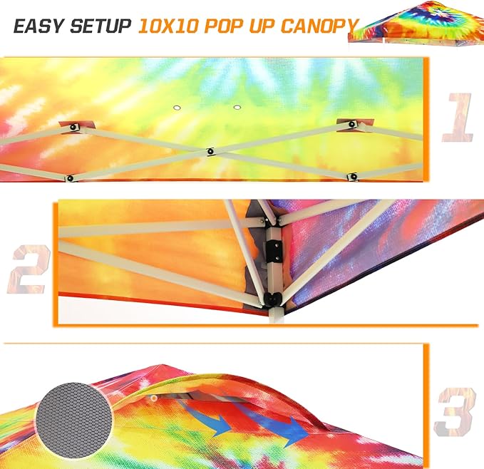 EAGLE PEAK Pop Up Canopy Tent with Wheeled Carry Bag, 8 Stakes, 4 Ropes, 4 Weight Bags, Easy Set Up Tent Canopy, 10x10 ft, 100sqft of Shade, Cosmic Tie Dye