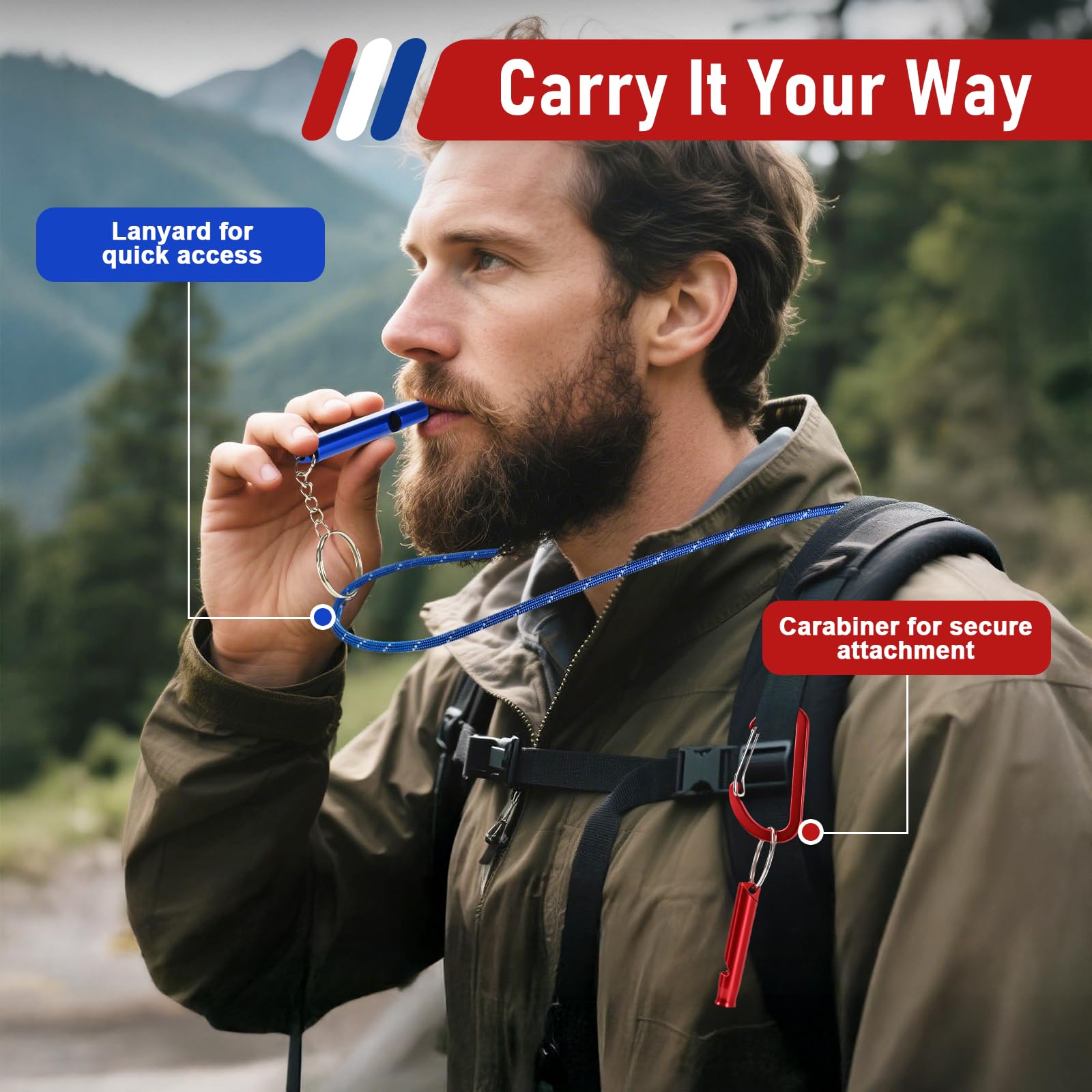 6 Pack Emergency Whistle Set, 120dB, 3 Paracord Lanyards & 3 Carabiners