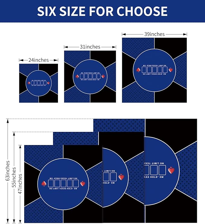 nuveti 24/31/39/47/55/63 inch Square Foldable 6-Player Texas Poker Card Tabletop Layout Portable Anti-Slip Rubber Board Game Mat Texas Hold'em Poker Mat for Family Game, Casino, Party