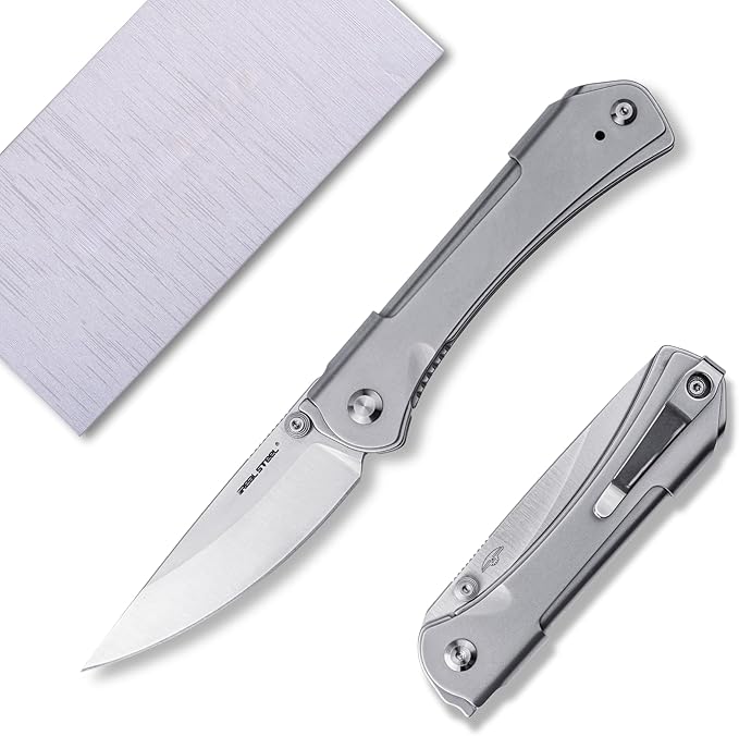 REALSTEEL SYLPH Folding Pocket Knife, Liner Lock, 3.07" Nitro-V Steel Satin Plain Blade, Thumb Stud, Double Bending Steel Handle, 3.35oz, Deep-carry Pocket Clip, EDC Outdoor Indoor, Gifts for Men Women Camping Hiking Climbing (Silver)