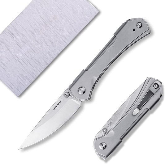 REALSTEEL SYLPH Folding Pocket Knife, Liner Lock, 3.07" Nitro-V Steel Satin Plain Blade, Thumb Stud, Double Bending Steel Handle, 3.35oz, Deep-carry Pocket Clip, EDC Outdoor Indoor, Gifts for Men Women Camping Hiking Climbing (Silver)