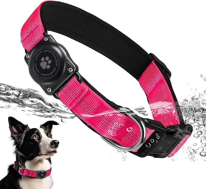 Upgraded AirTag Dog Collar, IP68 Waterproof Air Tag Dog Collar Holder, Reflective, Ultra-Durable, Comfortable Padded, Heavy Duty Dog Collars for Small Medium Large Dogs (S (10.6"-13.6"), Hotpink)
