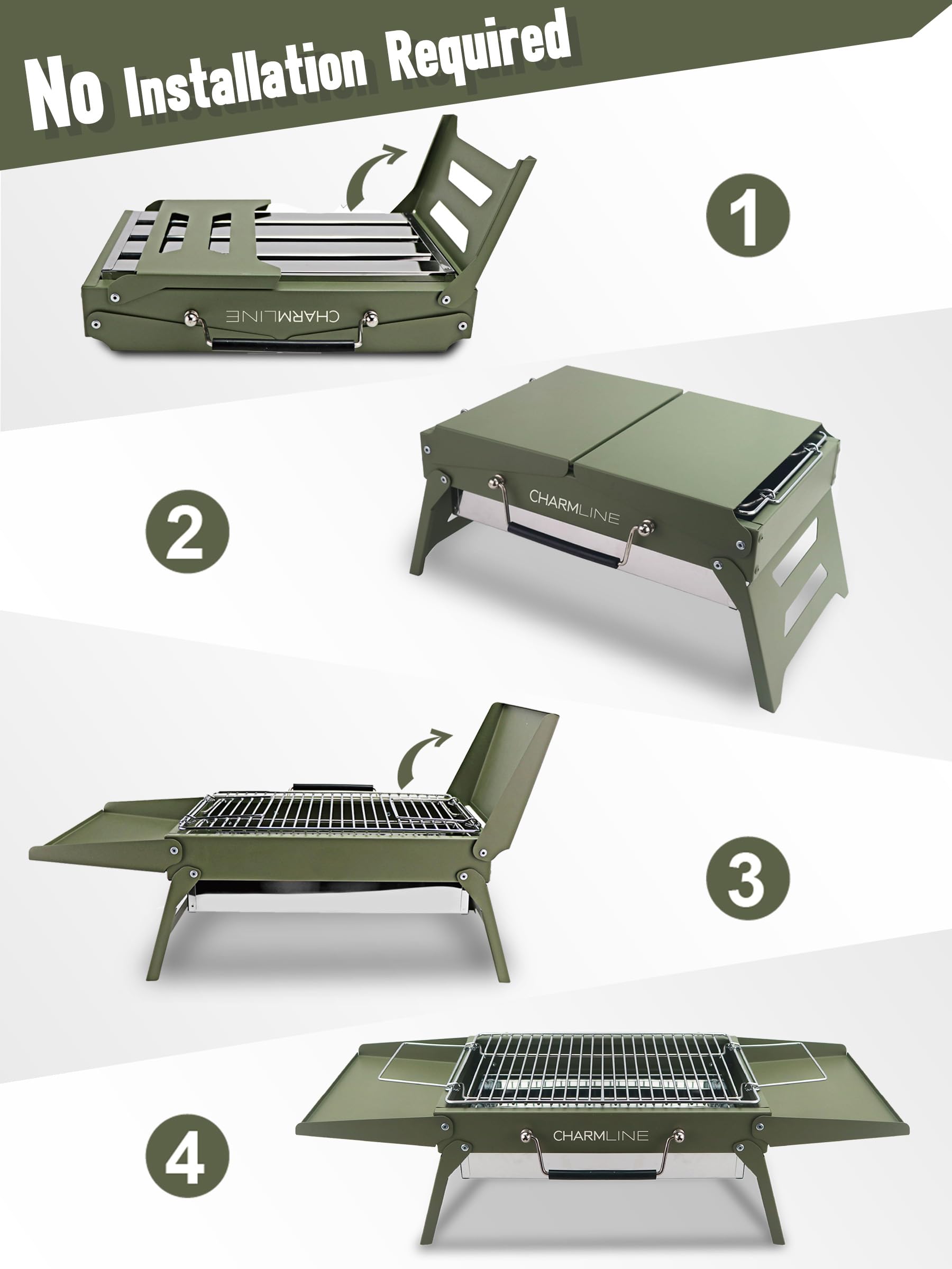 Charmline 14 x 9 inches Small Portable Charcoal BBQ Grill, Foldable Compact Camping Barbecue for