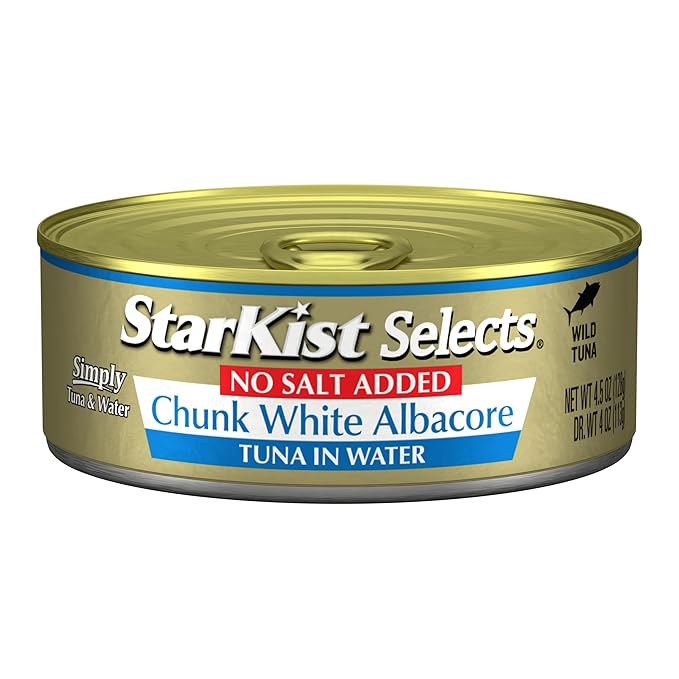 StarKist Selects No Salt Added Chunk White Albacore Tuna in Water, 4.5 oz (12 Pack) Canned Tuna Fish, Wild Caught, Gluten Free, Ready to Eat, Perfect for Salads, Keto Meals & Snacks, 30g Protein