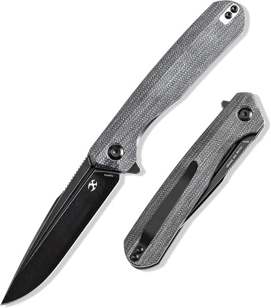 KANSEPT Qilin Pocket Knife, 3.24'' Blackwash 154CM Sharp Blade, Black Micarta Handle for Edc, Flipper and Liner Lock with Double-Sided Clip, Men Camping Survival Folding Knives T1047A1