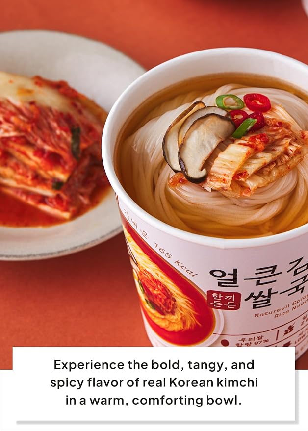 KFOOD Korean Food NATUREVIL Spicy Kimchi Cup Rice Noodle Instant Noodle Bowls, Kimchi Flavor Broth with Rice Noodles, Gluten-free, NON-GMO, No artifical additives 1.69oz (6 Pack, 10.16oz)