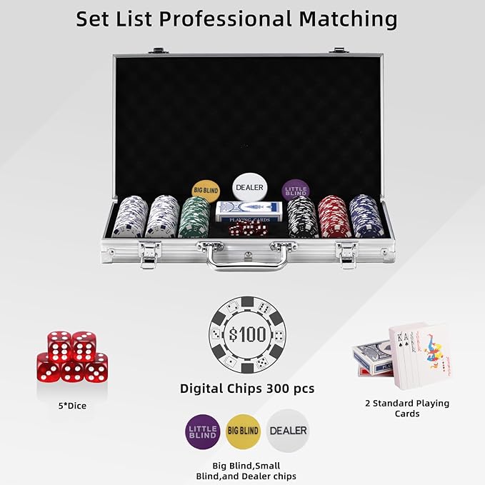 300Pcs Numbered Poker Chips Set for Texas Holdem,Blackjack, Tournaments with Aluminum Case,2 Decks of Cards, Dealer, Small Blind, Big Blind Buttons and 5 Dice,11.5 Gram