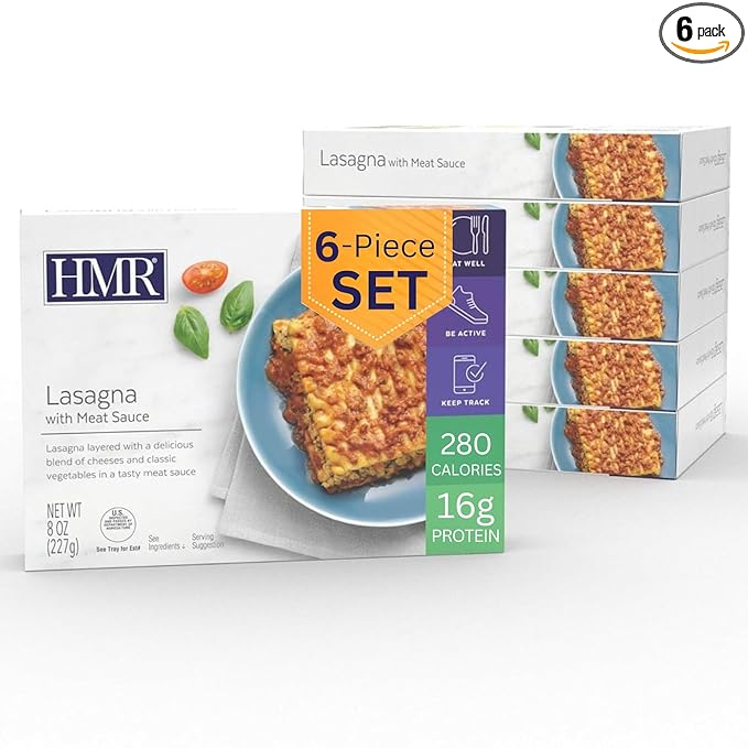 HMR Lasagna with Meat Sauce Entrée | Pre-packaged Lunch or Dinner to Support Weight Loss | Ready to Eat | 16g of Protein | Low Calorie Food | 8oz Serving per Meal | Pack of 6