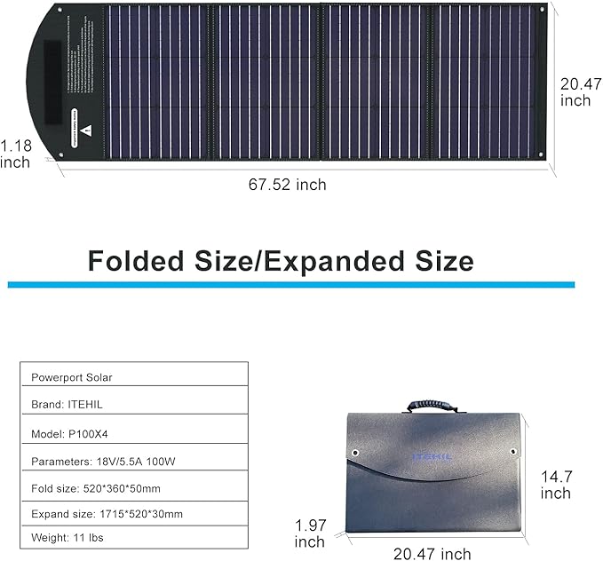 ITEHIL Solar Panel, 100W 18 Volt Monocrystalline Solar Panel Kits, Portable High Efficiency Solar Panel Charger, Foldable Solar Power Backup with USB 3.0/USB 2.0/DC Output for Home, Camping, RV…