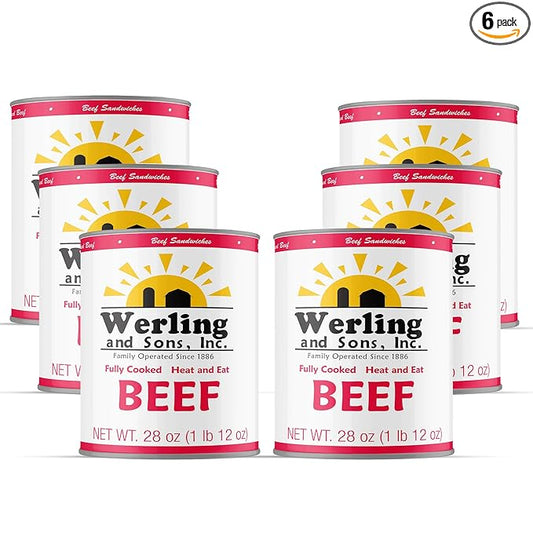 Werling Meats Canned Beef 28 Oz Fully Cooked, Heat & Eat | Shelf Stable Canned Meat for Pantry Staples, Everyday Meals, Camping, Hiking, Emergency & Survival | 5-Year Shelf Life | Made in USA | 6 Pack