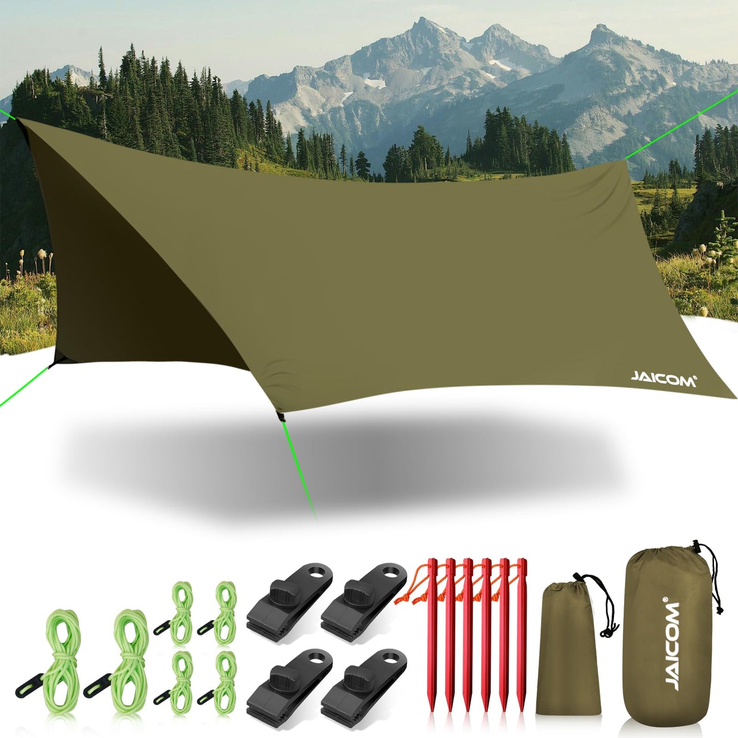 JAICOM Waterproof Hammock Rain Fly, 12ft x 9.5ft Portable Camping Tarp
