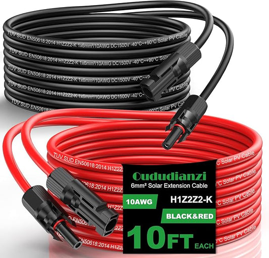 Oududianzi Solar Extension Cable 10Ft, Solar Wire 10AWG, 10 Gauge Tinned Copper PV Wire, Solar Panel Wires and Connectors for Home Cars RVs Camping Solar Panels