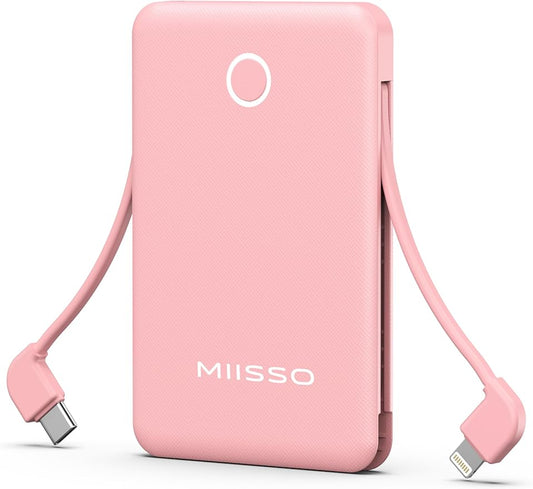 6000mah Ultra Slim Built in Cables Power Bank, Card Size Built in USB C Cords Battery Pack Portable Charger for Phones, 3 Output External Battery Pack Compatible with iPhone, Samsung, Deep Pink