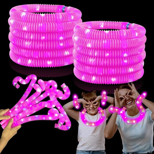 12 PCS Pink Glow Sticks Party Favors for Kids,LED Light up Pop Tubes for Toddlers,Neon Necklaces Bracelets Accessories,Glow Birthday Dance Wedding Camping Halloween Party Supplies Decorations