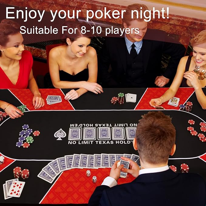 CONTINUE Poker Table Mat - 8-10 Player Texas Hold'em Poker Mat - Anti-Slip Rubber Table Top Layout with Carrying Bag - Black (Rectangle Red)