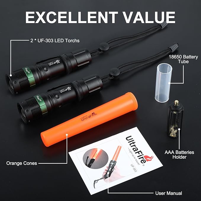 ULTRAFIRE 2pc 11-Inch Signal Traffic Wand Safty LED Flashlight 250 Lumen, Red Flashing Mode, Wrist Strap Lanyard, Side Clip, Orange Finish for Kids Outdoor Camping
