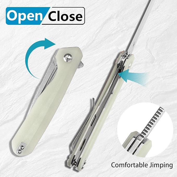 KANSEPT Qilin Pocket Knife, 3.24'' Stonewashed 154CM Sharp Blade, Jade G10 Handle for Edc, Flipper and Liner Lock with Double-Sided Clip, Men Camping Survival Folding Knives K1047A5