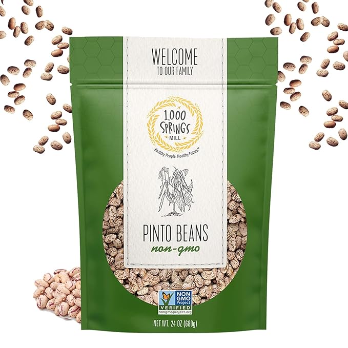 1000 Springs Mill Dry Pinto Beans - Non-GMO, Vegan-Friendly Bulk Pinto Beans with Resealable Bag - Used for Soups, Stews, Dips, Chili, Burritos, Refried Beans & More - 24oz (Pack of 1)