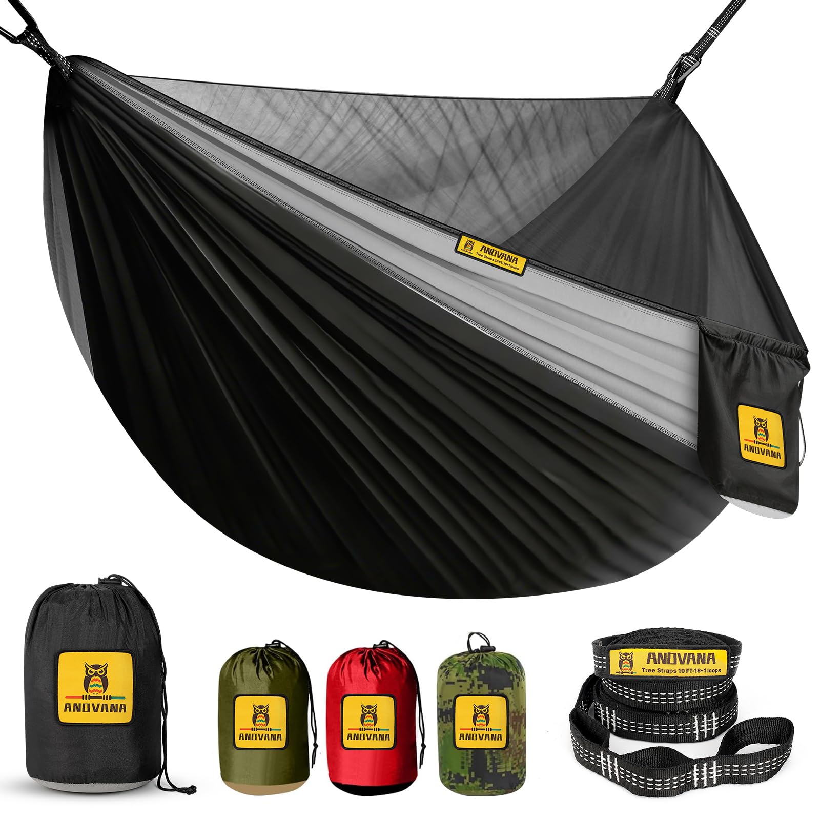 Camping Hammock with Mosquito Net, 500 lbs Portable Hammock with Tree Straps, 2-in-1 Double/Single