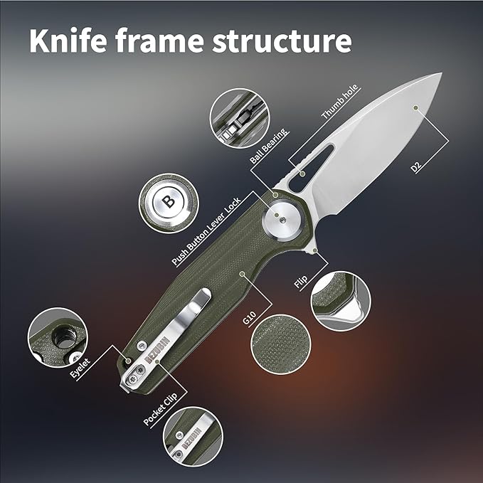 Pocket Folding Knife,3.15" D2 Steel Blade,Green G10 Handle,Push Button Lever Lock,Pocket Knife with Pocket Clip for Outdoor,Survival,EDC