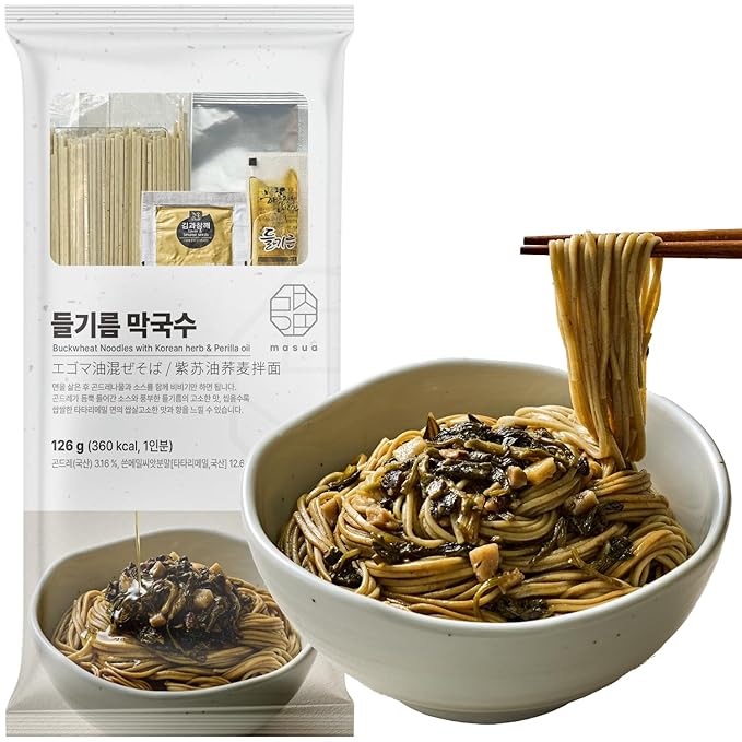 Korean Food Buckwheat Soba-Style Noodles with Perilla Oil & Gondre ??Authentic Korean Herb Flavor, Nutty & Earthy Taste, 1 Serving (4.44oz, 126g)