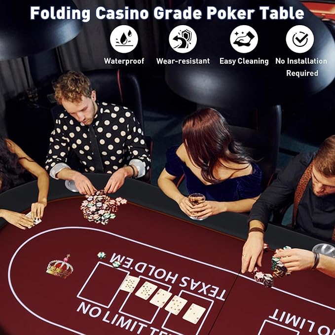 Upgrade 91'' Foldable Poker Table for 10 Players - Large Casino Table with Stainless Steel Cup Holders & Padded Rails - Texas Holdem Board Game Table - Perfect for Texas Casino Leisure Game