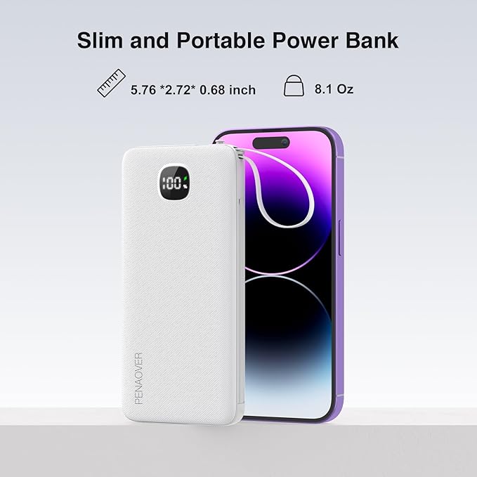 Portable Charger with Built-in Cables&AC Wall Plug,Slim 10000mAh 22.5W Fast Charging Power Bank,5 Output 2 Input USB-C External Battery Pack Compatible with iPhones,Samsung,Android, etc