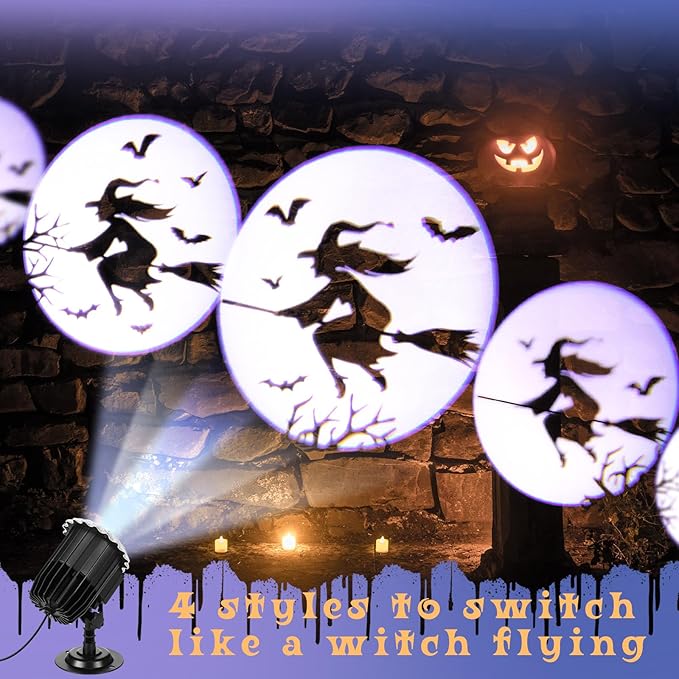 Halloween Projector Light with 1 Film Slides Holiday LED Projector Lights Outdoor Reflectors Waterproof Landscape Decorative Rotation Lighting Movement Projection Lamp(Witch)