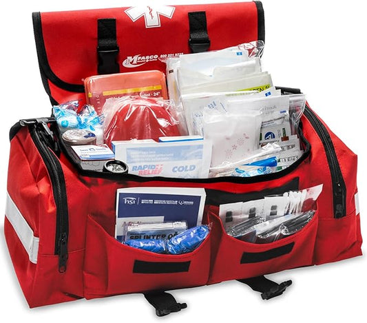 MFASCO Comprehensive School Classroom First Aid Kit - Red First Aid Trauma Bag - Emergency Bag with 200+ Supplies for First Responder - Economical for Schools & Groups - 10.5 x 7 x 7.5