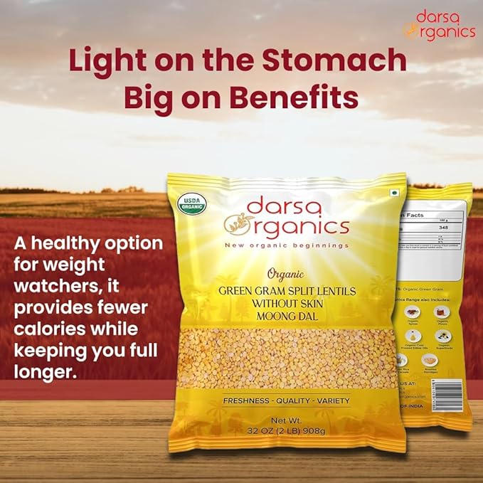 Darsa Organics Yellow Moong Dal (Split Yellow Mung Beans) 2 lb - USDA Organic, Non-GMO, Chemical-Free, Kosher - Protein-Rich Yellow Lentils for Khichdi, Soups, Salads & Stews