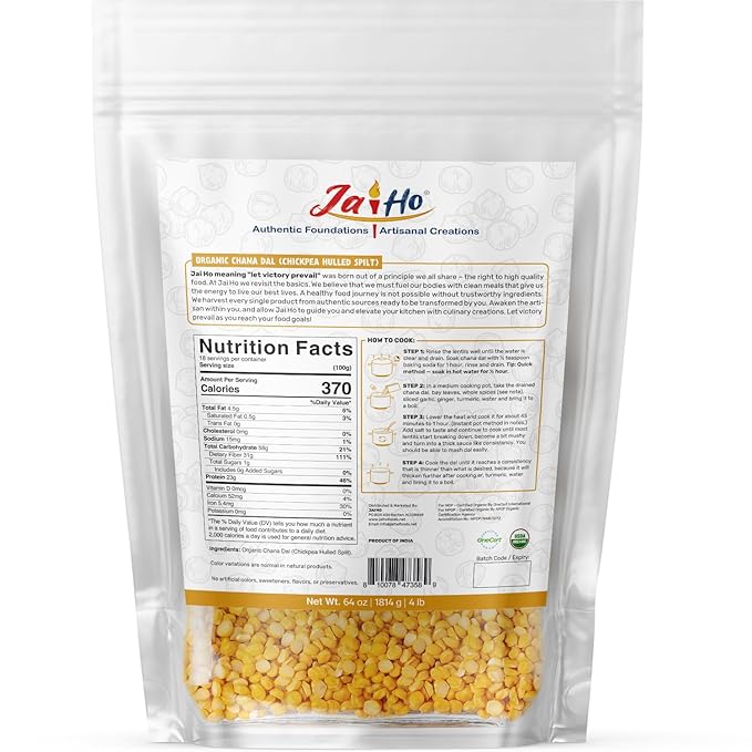 Jai Ho Certified Organic Kabuli Chana Garbanzo Beans 4 lb | Chickpeas Lentils | Indian Kabuli Chole Chana | USDA Organic | Non-GMO | Chemical-Free | Premium Quality Kosher (4 Pound, Chana Dal)
