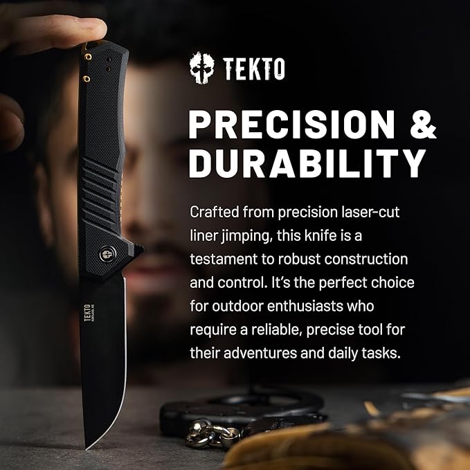 F1 Alpha Folding Pocket Knife - Modified Straight Back Blade, Titanium Coated D2 Steel, Ideal for Outdoor Camping and Backpacking, Tactical G10 Black Handle, Bronze Titanium Accents