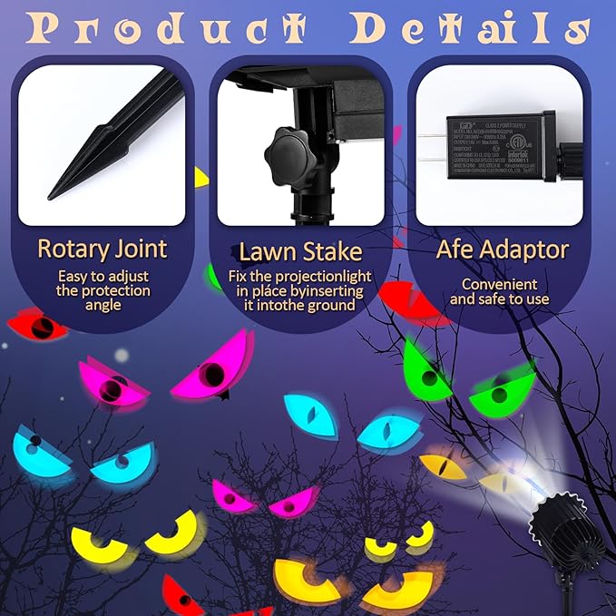 Halloween Projector Light with 1 Film Slides Holiday LED Projector Lights Outdoor Reflectors Waterproof Landscape Decorative Rotation Lighting Movement Projection Lamp(Eyes)