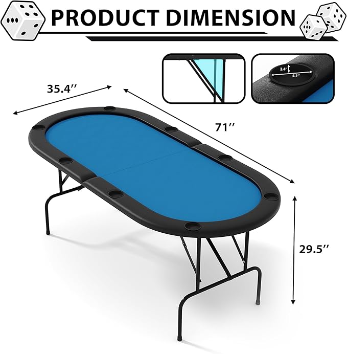 8 Player Foldable Poker Table, 71" Portable Folding Poker Game Tables with Collapsible Legs, Cup Holders, Casino Grade Felt Surface, Oval Card Game Poker Table for Game Room, Blue