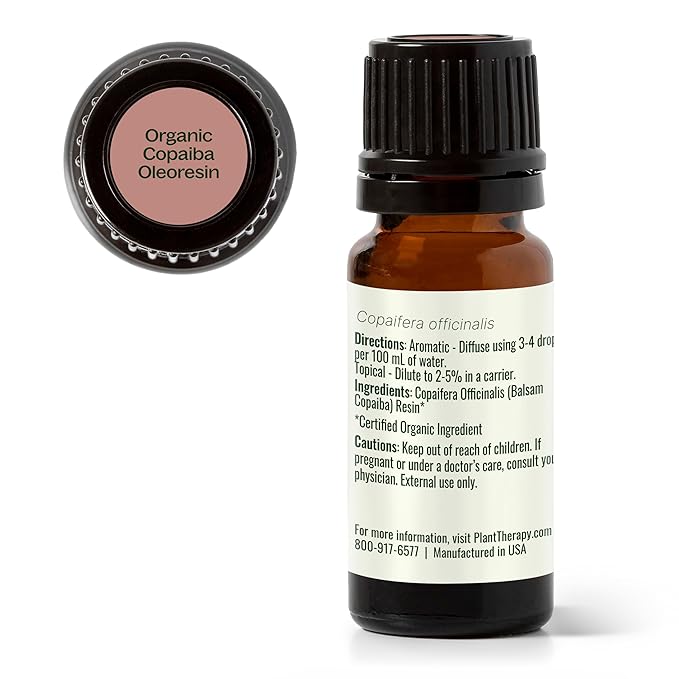 Plant Therapy Copaiba Oleoresin Organic Essential Oil 100% Pure, Undiluted, Natural Aromatherapy for Diffuser & Skin, Therapeutic Grade 10 mL (1/3 oz) Organic Copaiba Oil for Calming, Massage, Candles