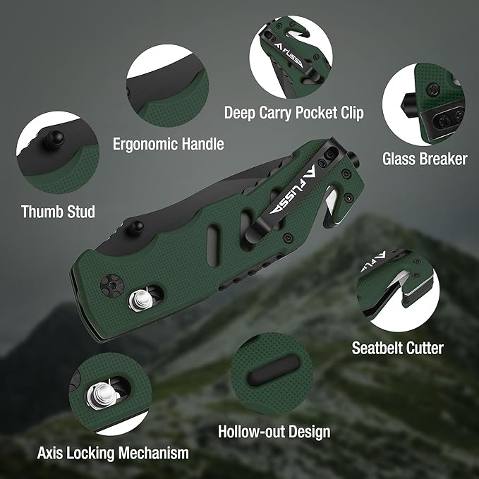 FLISSA Folding Pocket Knife with Clip, Glass Breaker and Seatbelt Cutter, Survival Knife for Emergency Rescue Situations, EDC Knife for Tactical, Hunting, Camping, Outdoor, Unique Gifts for Dad, Father-Green