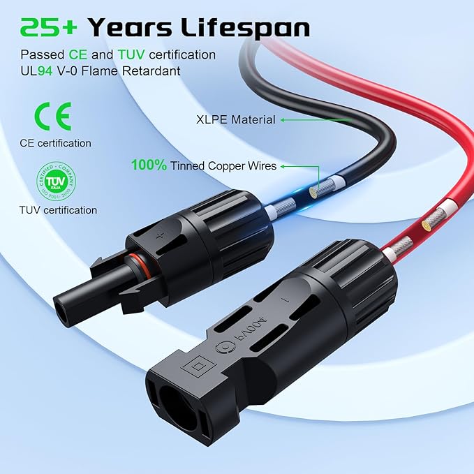 Bateria Power Y-Branch Solar Connectors 21FT 10AWG Extension Cable, Solar Cable Parallel Adaptor Solar Panel Wire in Pair with Female and Male Connectors for Solar Panel (1*M/FF+1*F/MM)