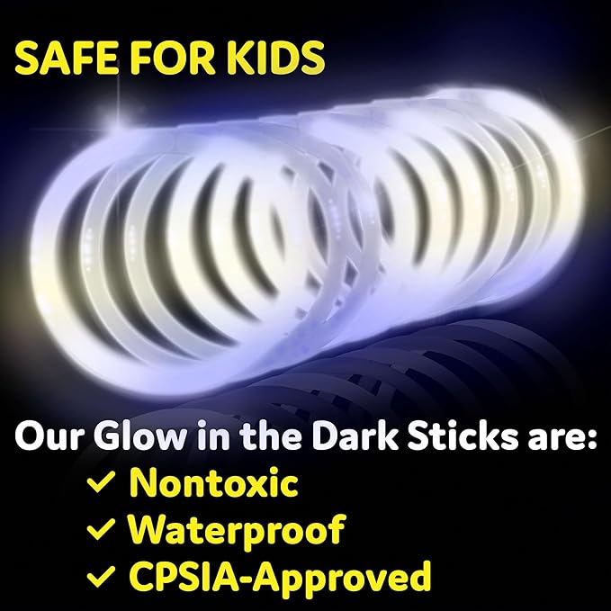 PartySticks Glow Sticks Party Supplies 100pk - 8 Inch Glow in The Dark Light Up Sticks Party Favors, Glow Party Decorations, Neon Party Glow Necklaces Glow Bracelets Connectors (White) (TN-1224962)