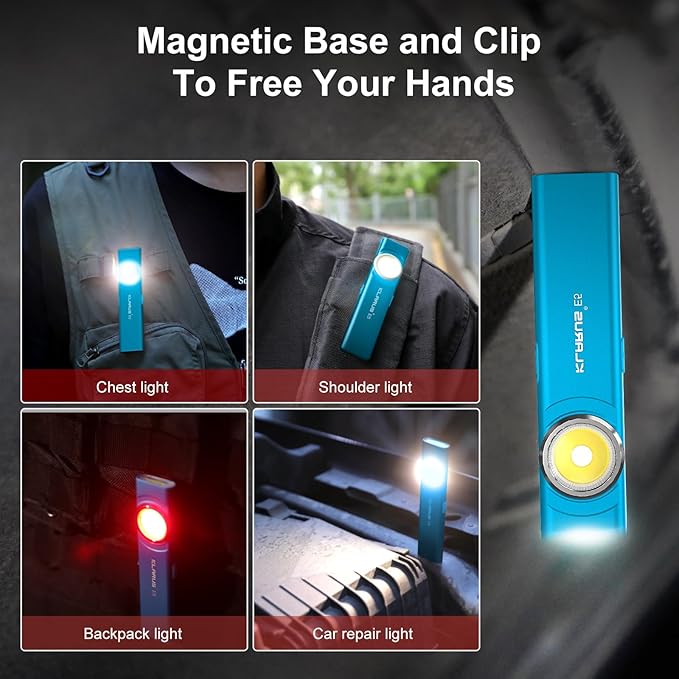 klarus E5 Pocket Flashlight, Rechargeable EDC Flashlight, Super Slim 4.2x1x0.3inch, 600 Lumens, USB-C Port, IPX4, Dual Light Source with Magnetic Base, Hat & Clothes Clip - Blue