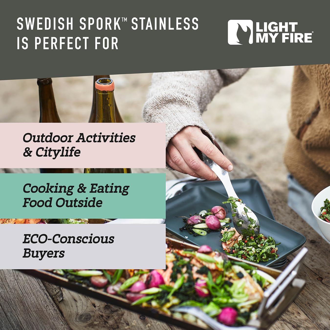 Light My Fire Sporks Stainless Steel (18/8) Camping Spork, Unbreakable Fork Spoon Knife Set