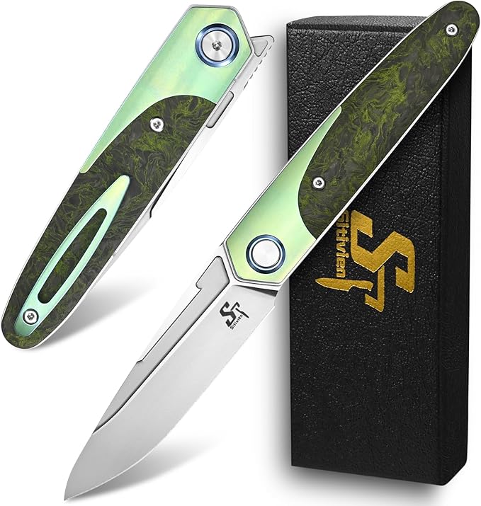Sitivien ST992 Folding Pocket Knife,Handmade M390 Pearlescent Brushed Steel Blade,Titanium Carbon Fiber Handle EDC Tool Knife for Outdoor Camping,Hiking,Survival,Hunting(Green) … … …