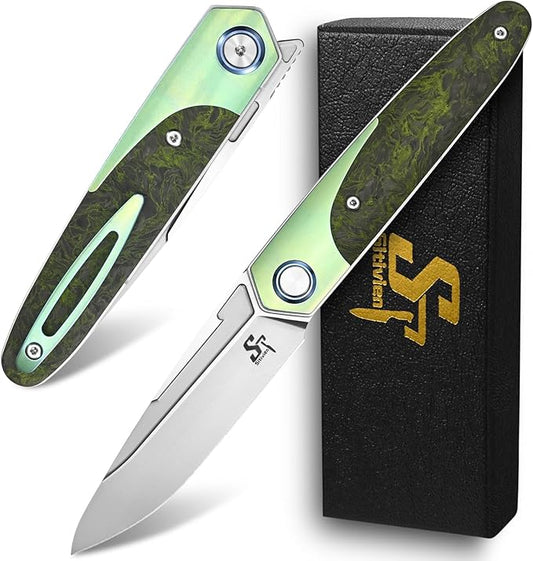 Sitivien ST992 Folding Pocket Knife,Handmade M390 Pearlescent Brushed Steel Blade,Titanium Carbon Fiber Handle EDC Tool Knife for Outdoor Camping,Hiking,Survival,Hunting(Green) … … …