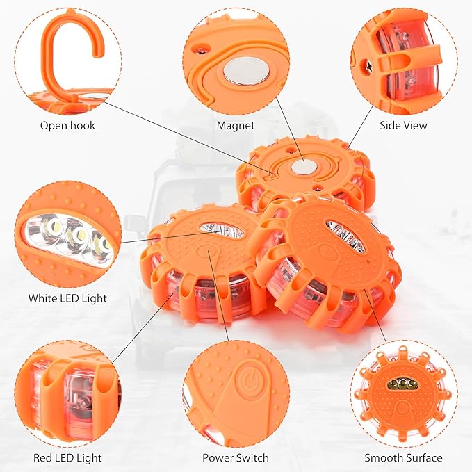 Tallew 4 Pack LED Road Emergency Roadside Lights Flashing Safety Warning Kit Beacon Magnet Hook Vehicle Boat Truck Disc Magnetic Flash Cars Security Driveway Automotive Strobe